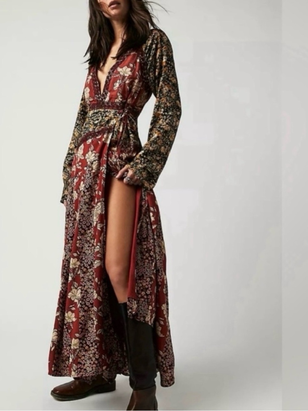 Free People Rust Floral Wrap Maxi Dress with Black Accents. Like New!